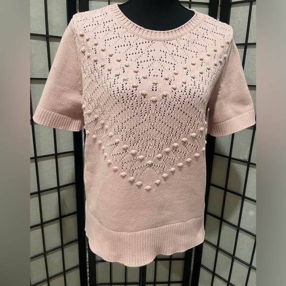 Talbots Light Pink CREWNECK SHORT SLEEVE OPEN STITCH SWEATER, MOMCORE, SIZE M. - Picture 5 of 9